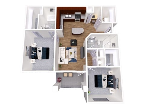 Floor plan for 2 beds, 2 baths, 1069 sqft